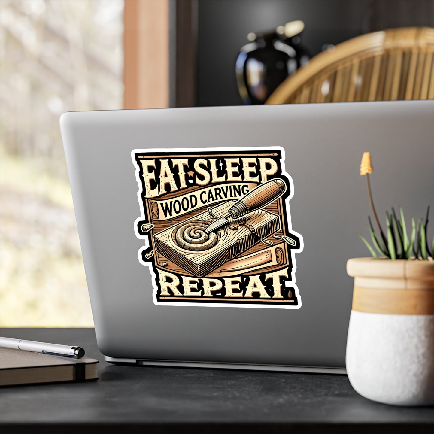 Eat Sleep Wood Carving Repeat - Wood carving Sticker for Laptop Sticker. Water Bottle Sticker, Vinyl Woodworking Decal - Wood carving Gift