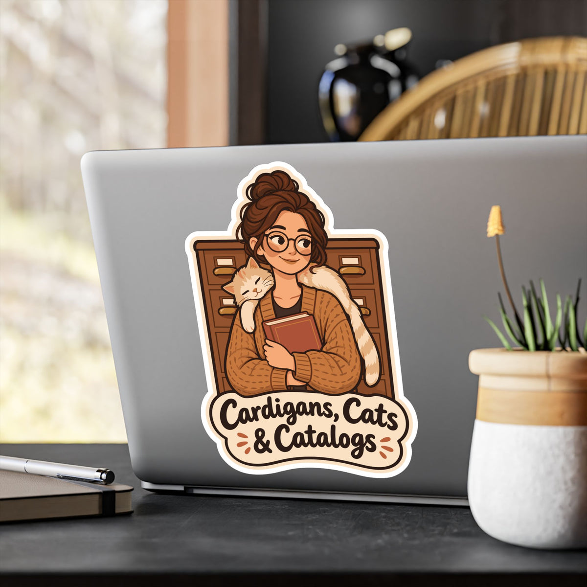 Librarian Sticker - Cardigans, Cats & Catalogs - Fabulous Book Lover Decals for Laptop or Water Bottle