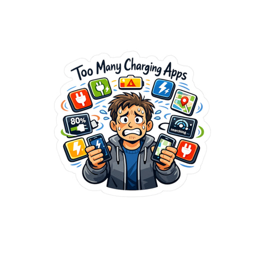Electric Car Sticker "Too Many Charging Apps" Funny Electric Vehicle Vinyl Waterproof Stickers & Decals for Laptop, Water Bottle Rechargeable Battery