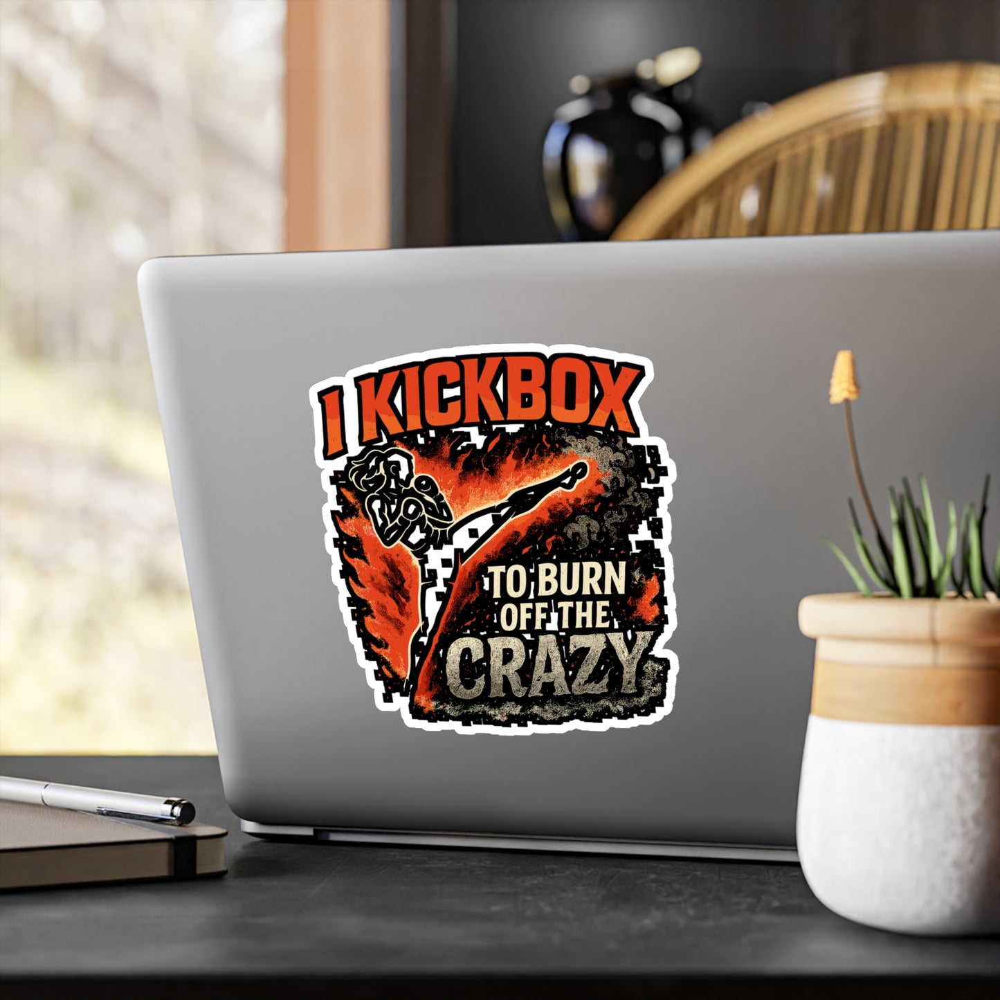 I Kickbox To Burn Off The Crazy - Kickboxing Sticker for Laptop, Water Bottle - Funny Gift for Women, Athletes, Fitness Fans