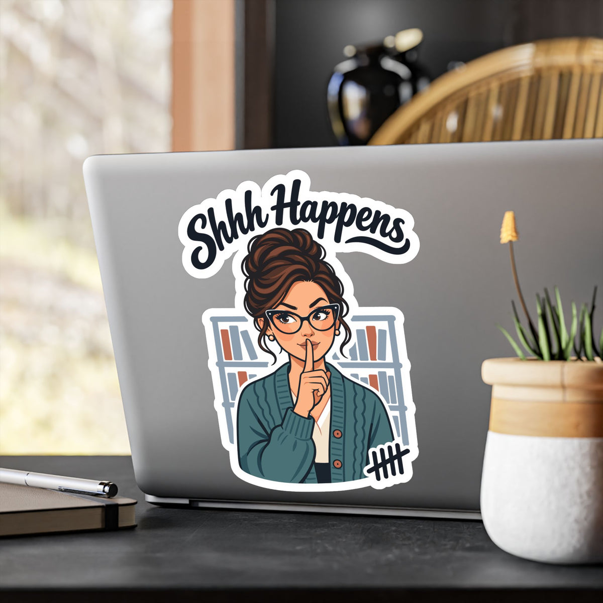 Librarian Sticker - Shhh Happens, Fabulous Unicorn with Magical Charm, Decals for Laptop and Water Bottle
