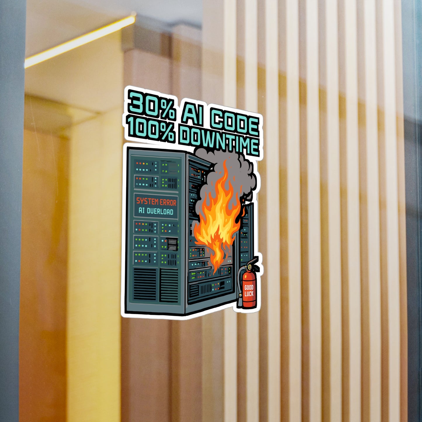 Server Sticker - “30 Ai Code 100 Downtime” Funny Burning Datacenter AI Decals, Waterproof Vinyl for Laptop, Water Bottle, Tech Accessories