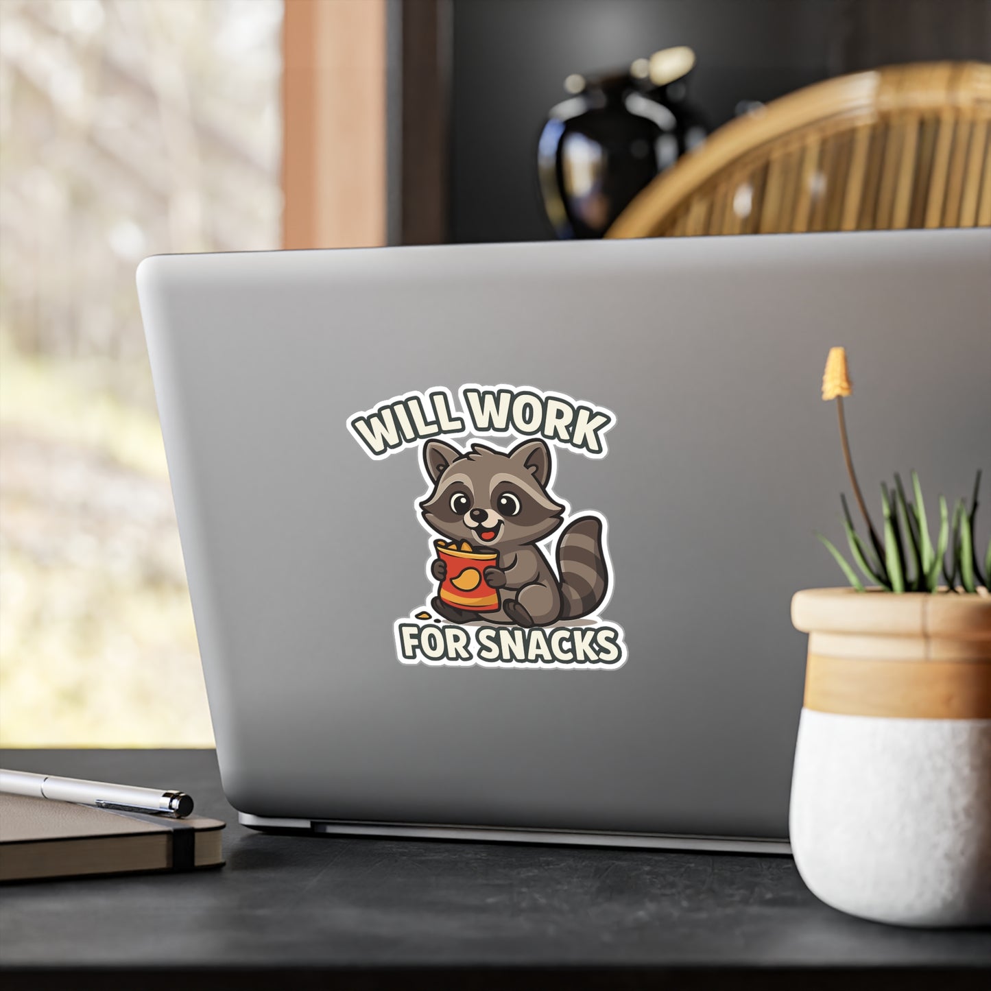 Raccoon Sticker – Cute Cartoon Animal Decals with “Will Work For Snacks” Design, Waterproof Vinyl for Laptop, Water Bottle