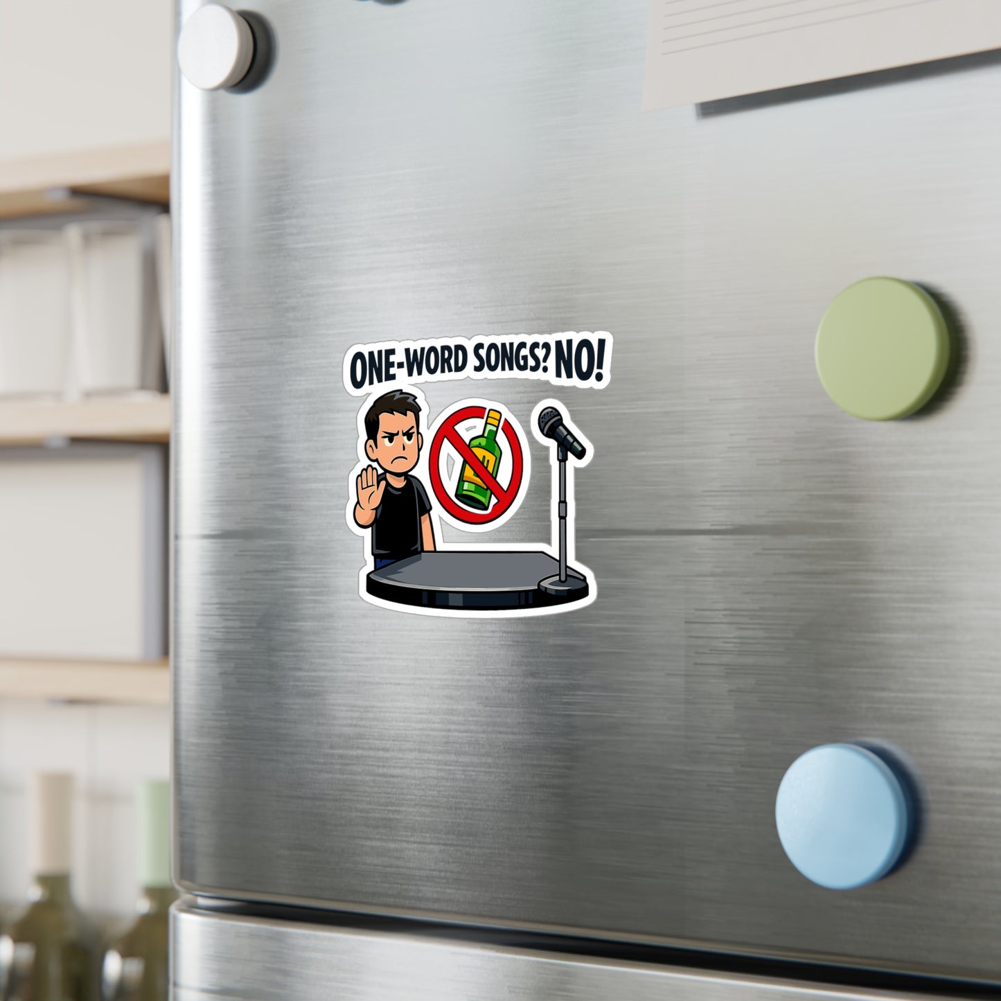 Karaoke Sticker “One-word songs? No!” Funny Music Decals, Waterproof Vinyl for Laptop or Water Bottle, Beer Booze Party Vibe