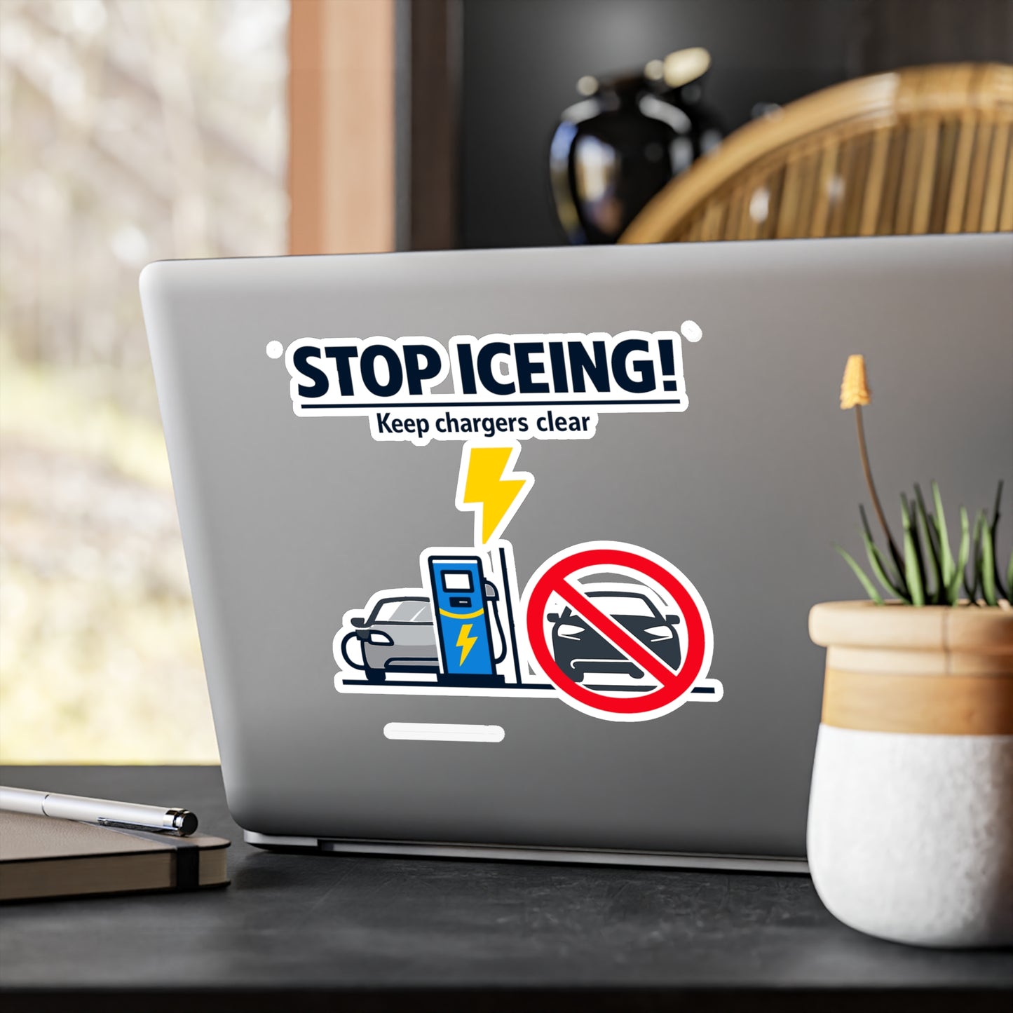 Electric Car Sticker "Stop ICEing!" Waterproof Vinyl sticker decals for electric vehicle, rechargeable battery, Laptop, Water Bottle