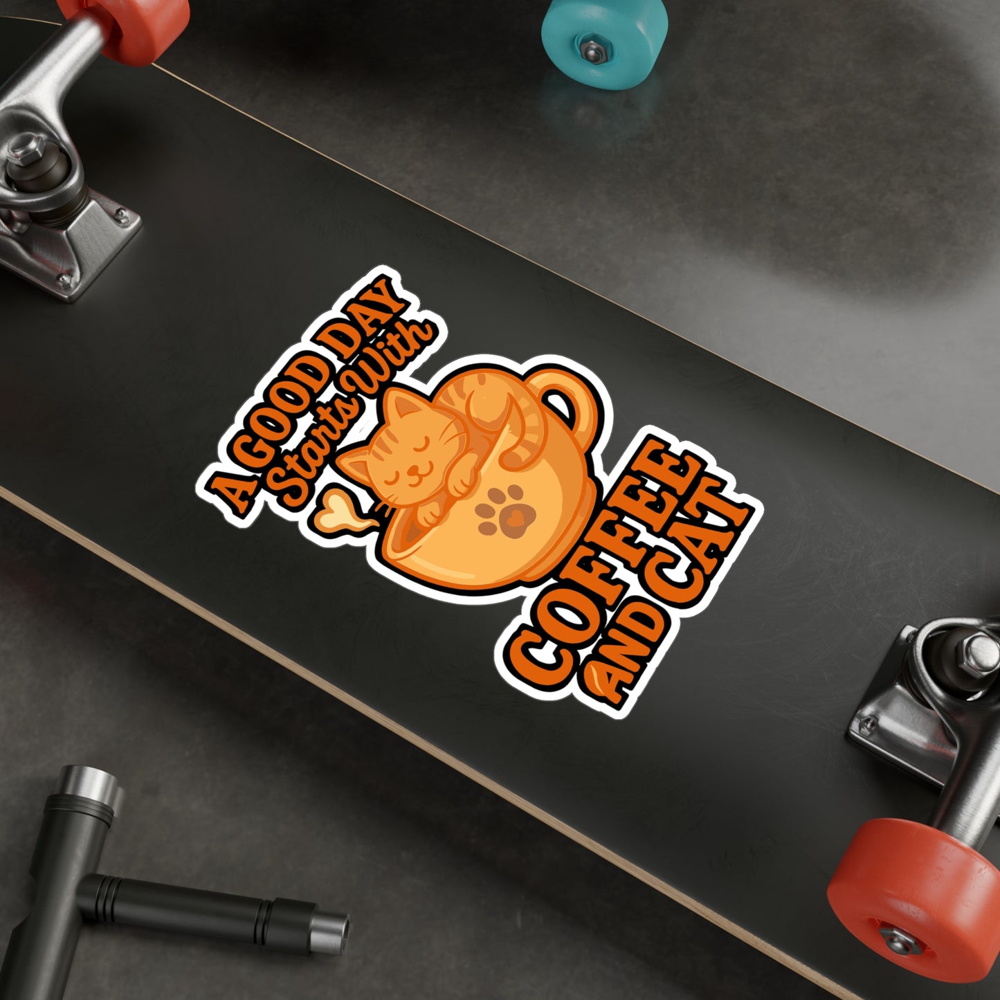 A Good Day Starts With Coffee And Cat - Coffee Sticker for Laptop, Water Bottle - Gift for Cat Lovers, Caffeine Fans