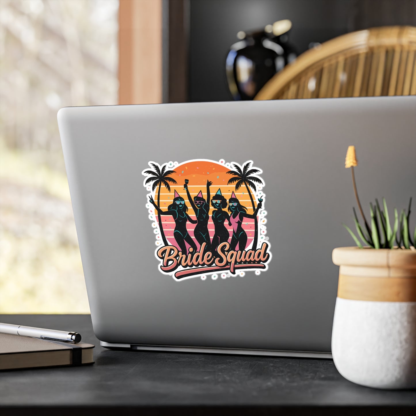 Retro Sticker Bride Squad 1980s Sunset Orange Decals for Laptop, Water Bottle, Waterproof Vinyl Bridal Party Gift