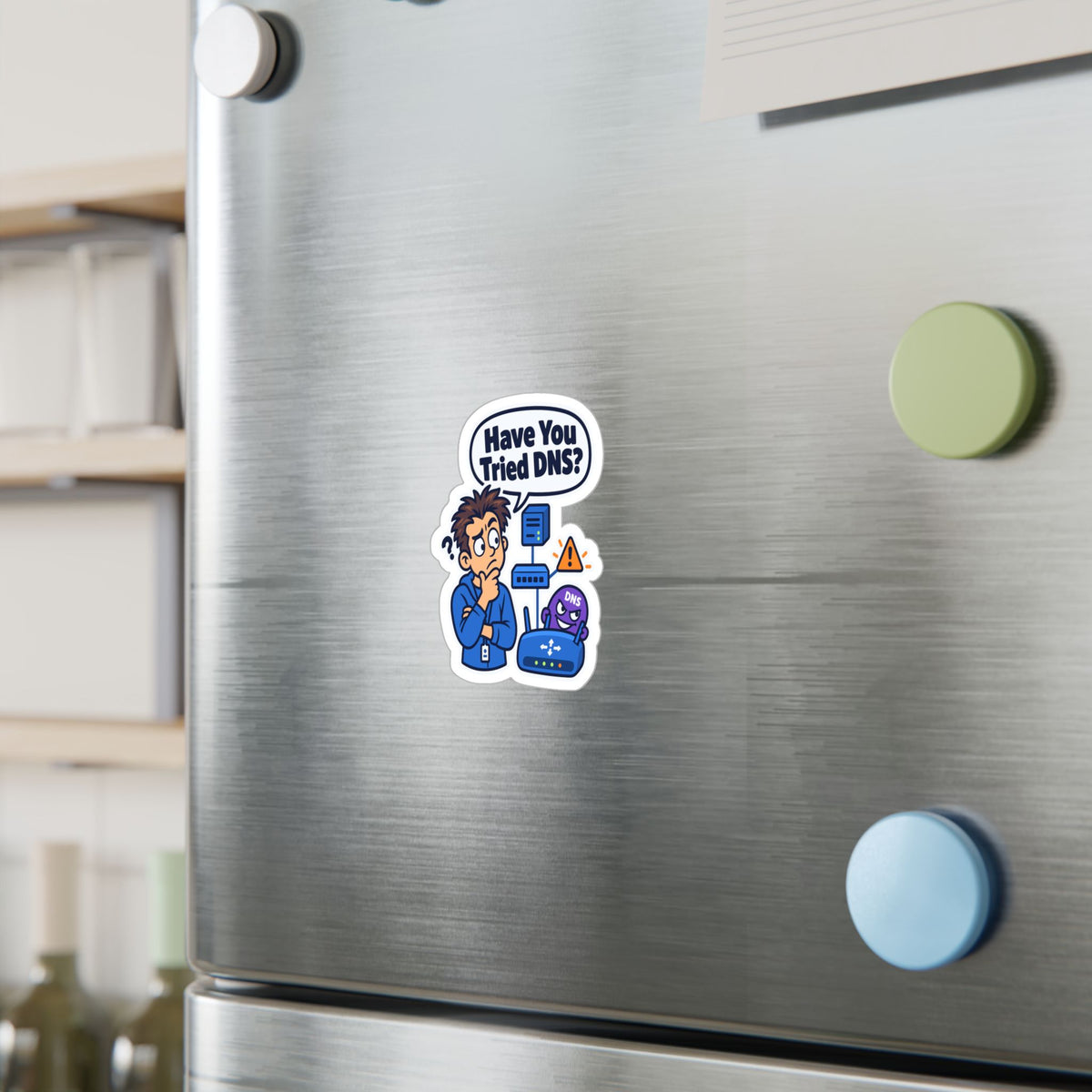Tech Sticker "Have You Tried DNS" – Funny IT Decals with Reboot Button Humor, a Tech Bandage for Your Laptop