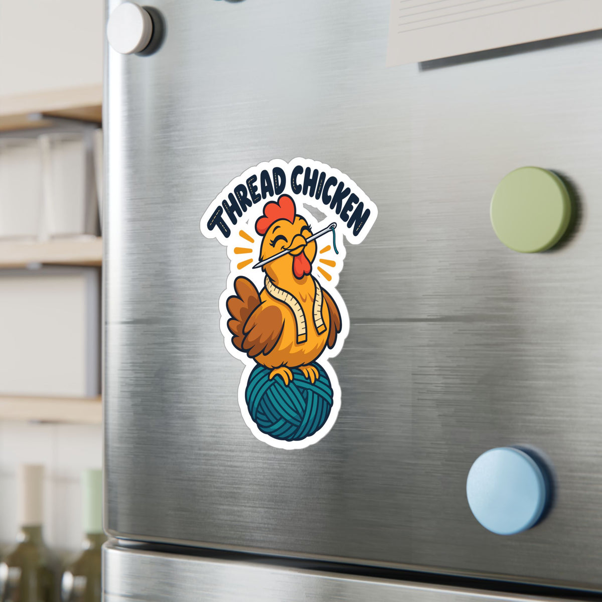 Cartoon Sticker – Thread Chicken Design with a Giggling Chicken, Fun Decals for Laptop and Water Bottle