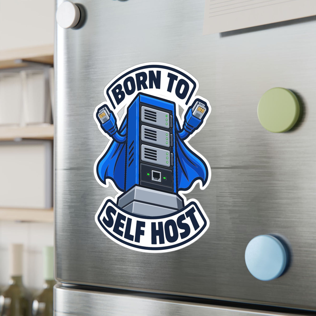 Tech Sticker Born To Self Host – Reboot Button and Bandage Design Decals for Laptop and Water Bottle