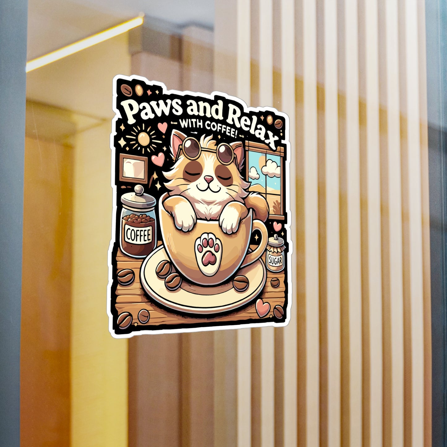Paws and Relax with Coffee - Coffee Sticker for Laptop Sticker. Water Bottle Sticker, Vinyl Cat Decal - Coffee Gift