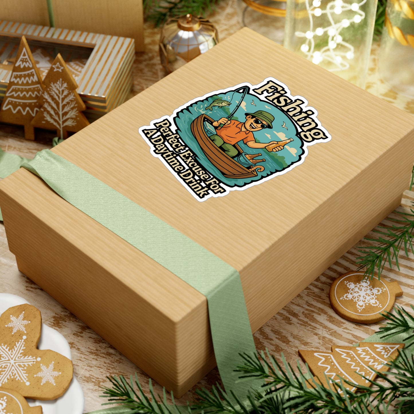 Fishing Sticker – Funny "Fishing – Perfect Excuse For A Daytime Drink" Cartoon Decal, Beer & Alcohol Design, Waterproof Vinyl for Laptop or Water Bottle