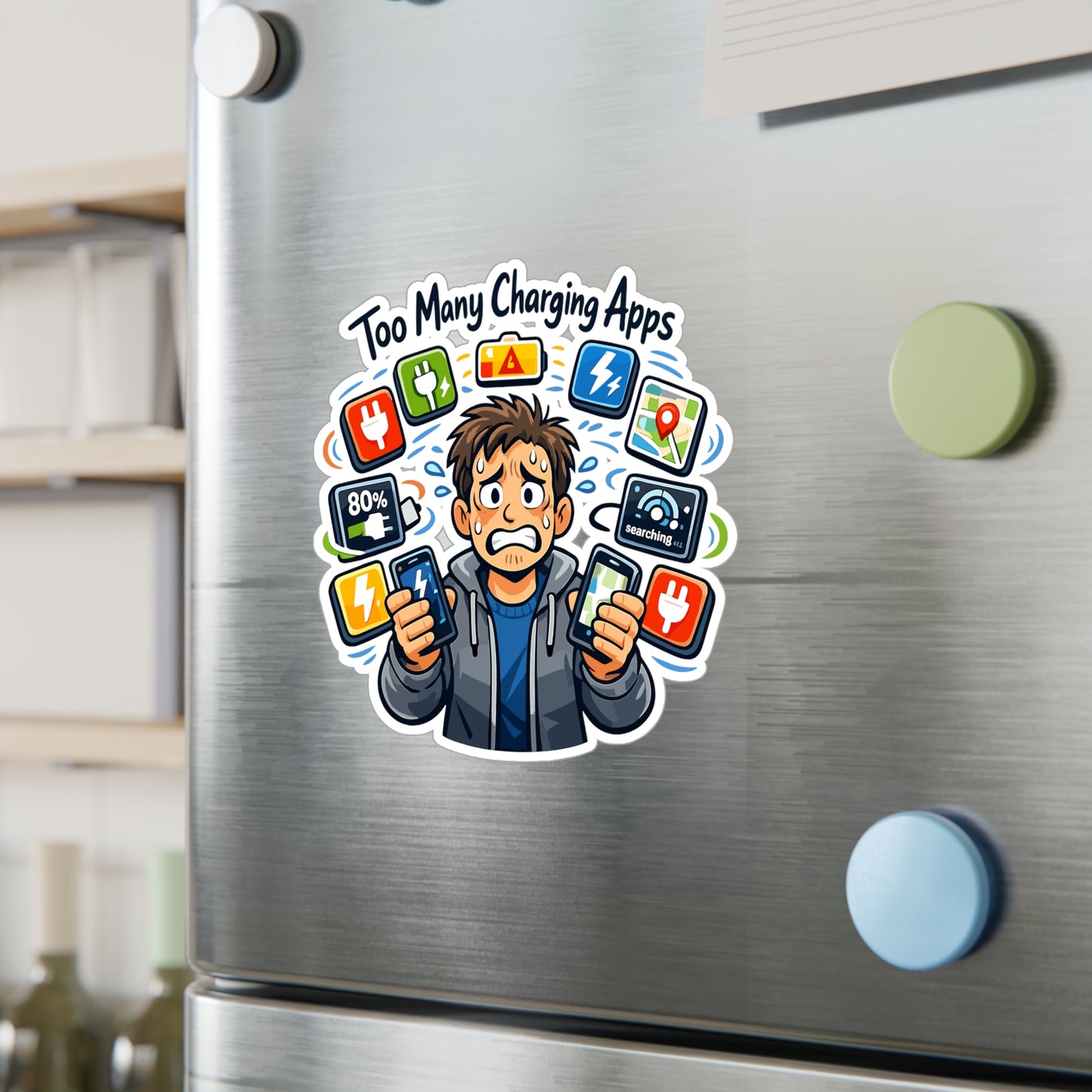 Electric Car Sticker "Too Many Charging Apps" Funny Electric Vehicle Vinyl Waterproof Stickers & Decals for Laptop, Water Bottle Rechargeable Battery