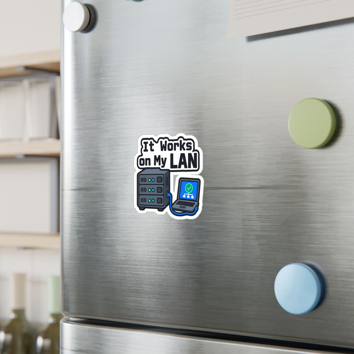Server Sticker "It Works On My Lan" – Funny IT Decals for Laptop or Server Rack with LEDs