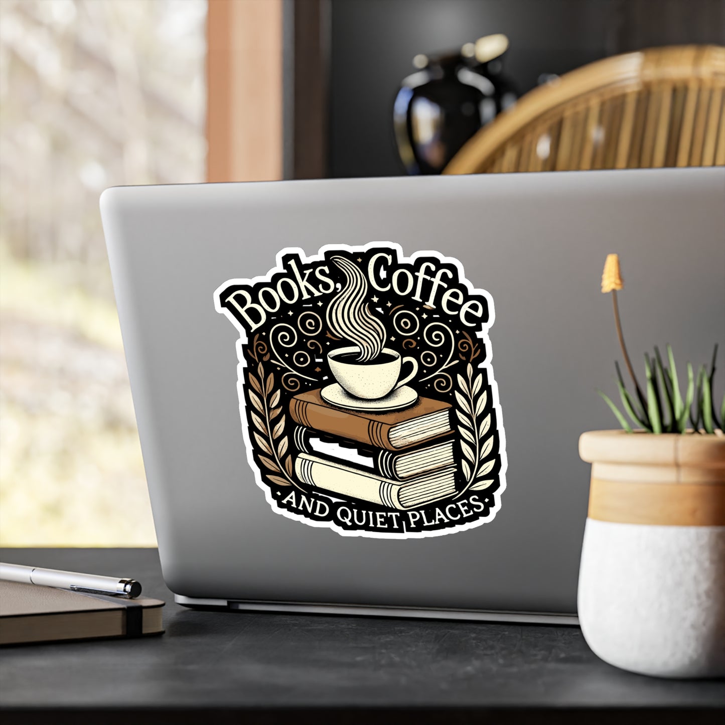 Books Coffee and Quiet Places - Cozy reading Sticker for Laptop Sticker. Water Bottle Sticker, Vinyl Book Decal - Cozy reading Gift