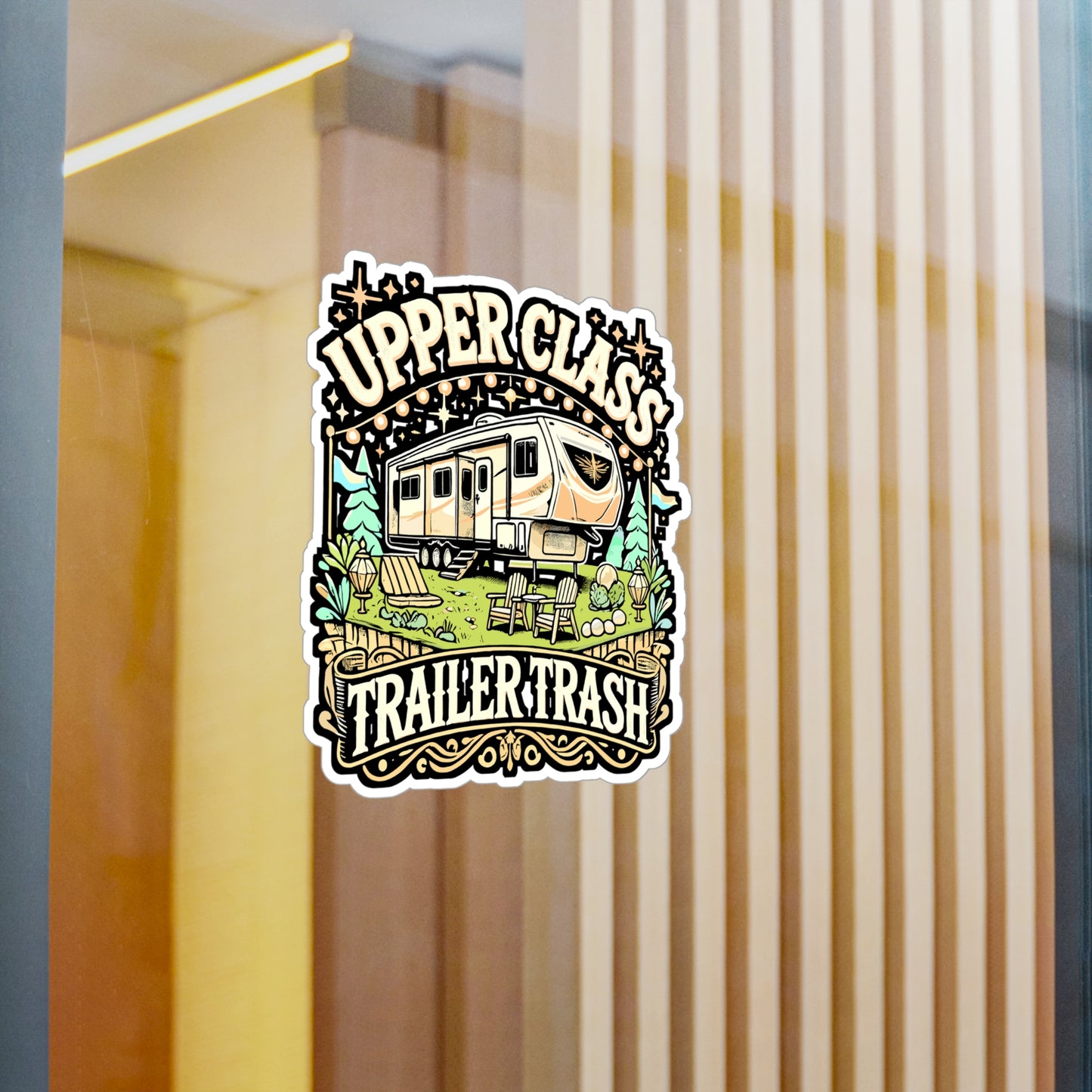 Upper Class Trailer Trash – RV Vinyl Decal for Car, Laptop, or Water Bottle | Funny RV Pilot Gift, Trailer Sticker for Camper Enthusiasts