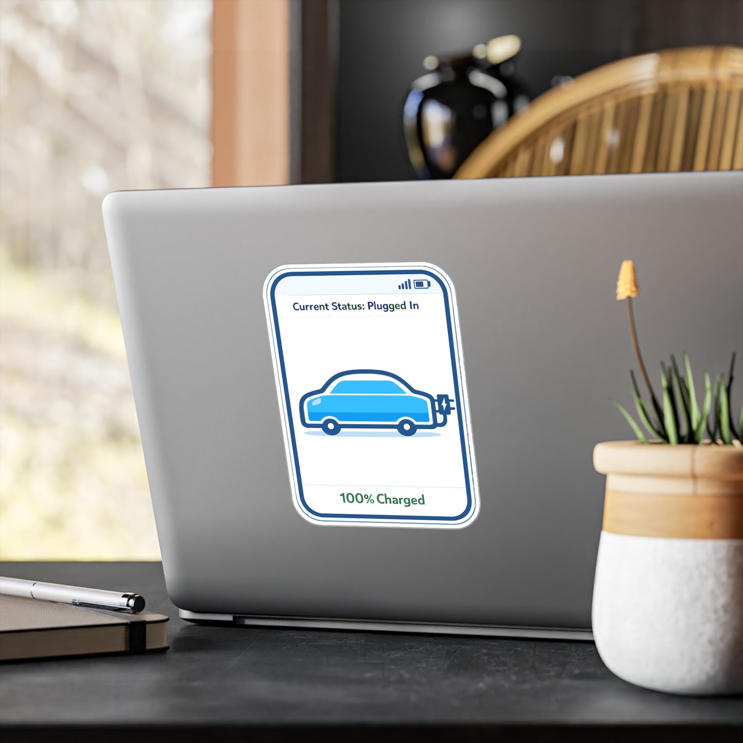 Electric Car Sticker "Current Status: Plugged In" – Waterproof Vinyl decals for Laptop, Water Bottle, Electric Vehicle Rechargeable Battery