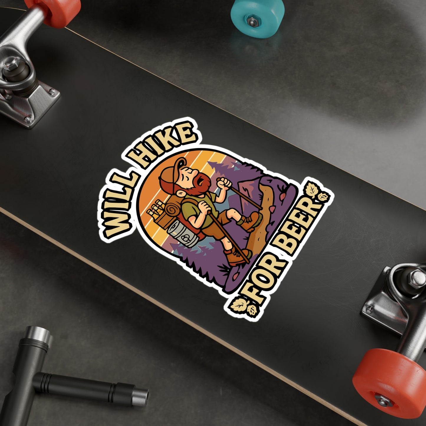 Will Hike For Beer - Hiking Sticker for Water Bottles, Laptops - Funny Gift for Hikers, Outdoors Enthusiasts