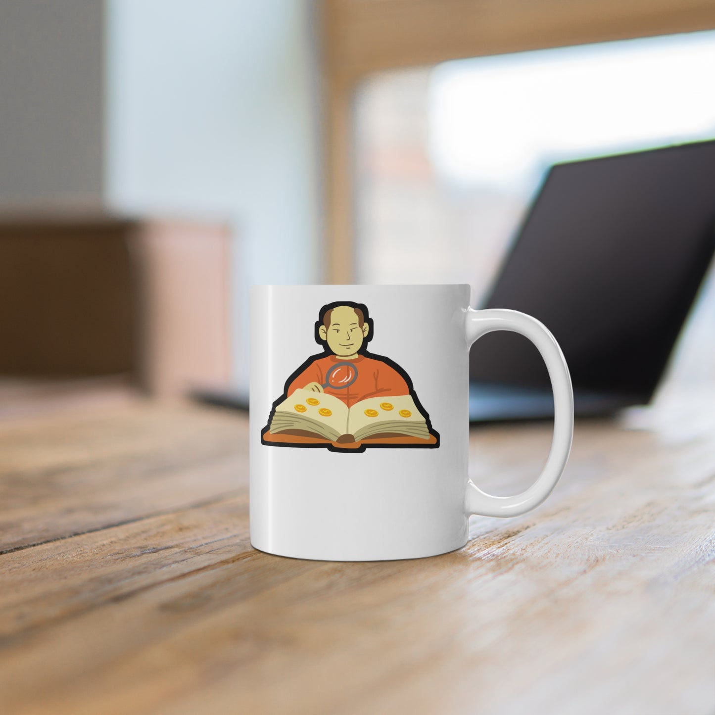 Coin Collector reading his album - Coin-collection Mug for Coffee 11oz. Coin-collection Cup, White ceramic, Relic Tee Mug - Coin-collection Gift