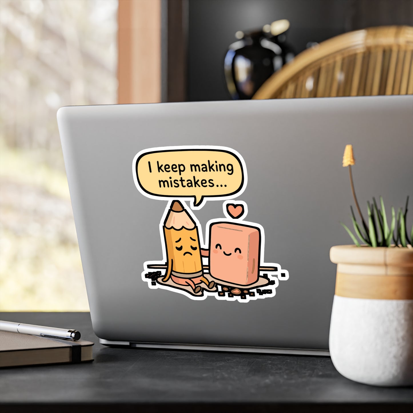 Pencil Sticker – "I Keep Making Mistakes" Decals, Eraser Comfort Design, Vinyl Waterproof for Laptop, Water Bottle