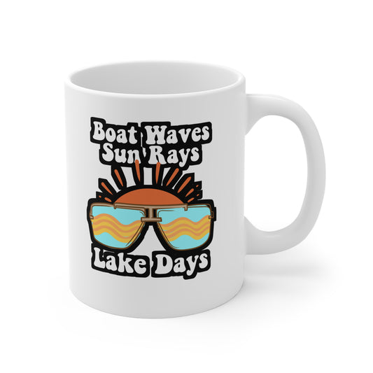 Boat Waves Sun Rays Lake Days - Boating Mug for Coffee 11oz. Boating Cup, White ceramic, Summer Mug, Beach Tea Cup - Boating Gift