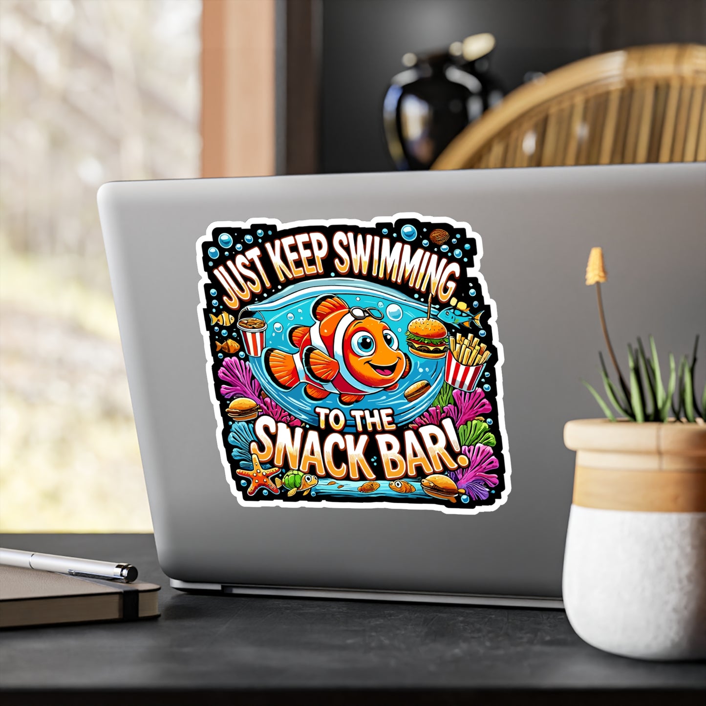 Just Keep Swimming to the Snack Bar - Snack lover Sticker for Laptop Sticker. Water Bottle Sticker, Vinyl Ocean humor Decal - Snack lover Gift