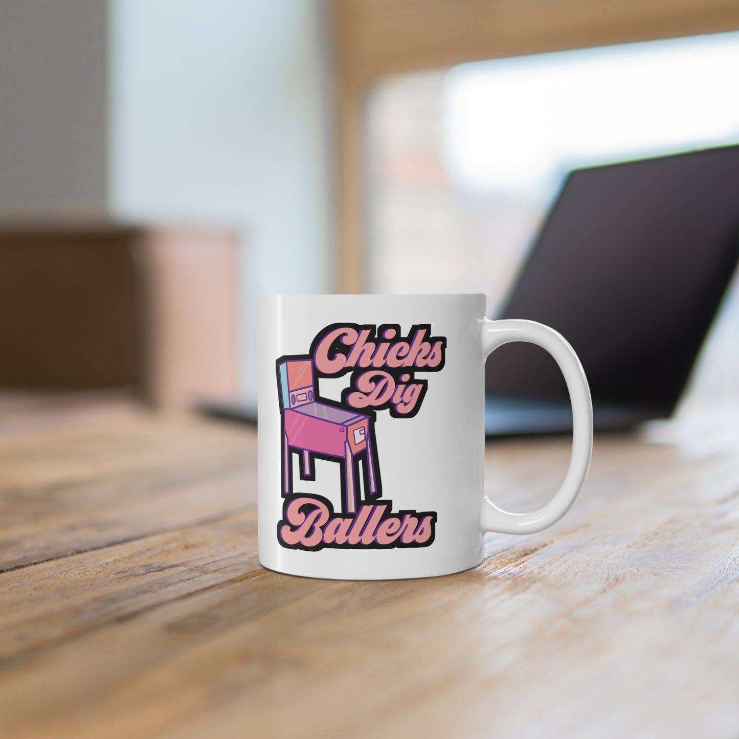 Chicks Dig Ballers - Pinball Mug for Coffee 11oz. Pinball Cup, White ceramic, Retro Mug, Vintage Tea Cup - Pinball Gift