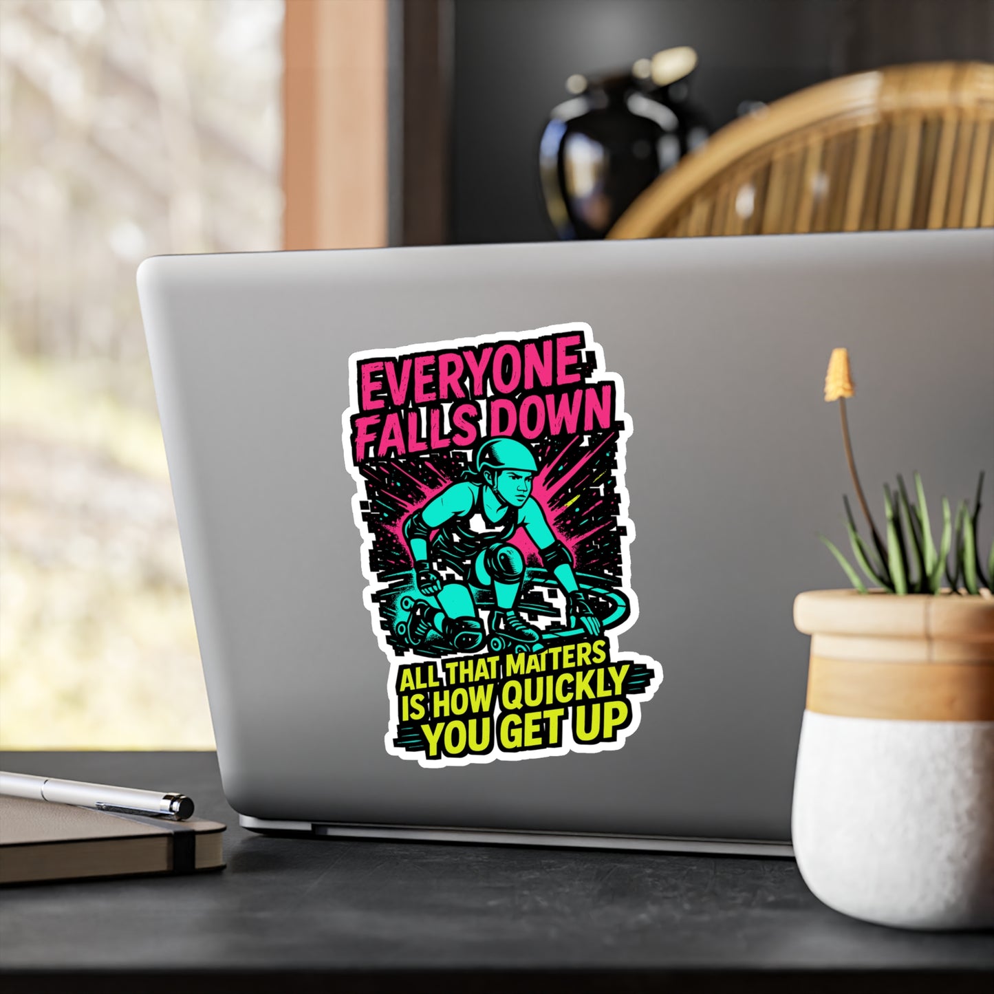 Everyone Falls Down – All That Matters Is How Quickly You Get Up | Roller Derby Sticker, Vinyl Skating Decal for Laptop or Water Bottle | Motivational Skater Gift