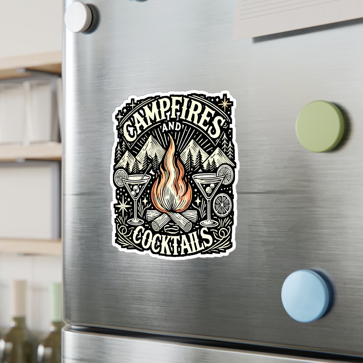 Campfires and Cocktails – Vinyl Sticker for Laptop or Water Bottle | Camping & Cocktail Lover Gift