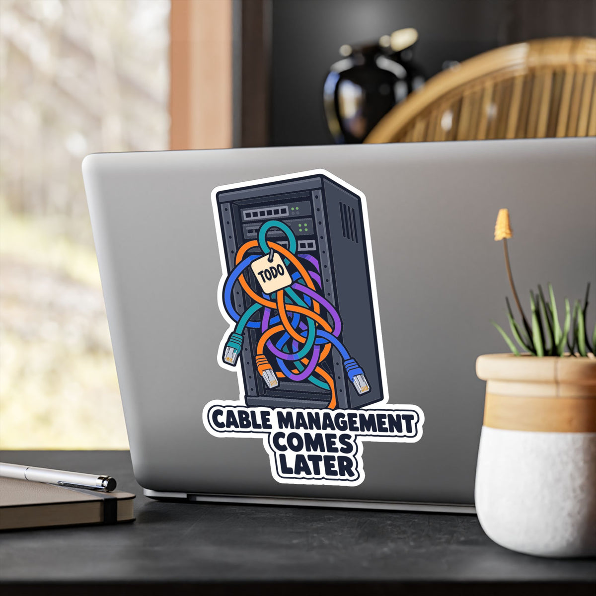 Tech Sticker – Cable Management Comes Later, Funny Reboot Button and Bandage Design Decals for Laptop and Water Bottle