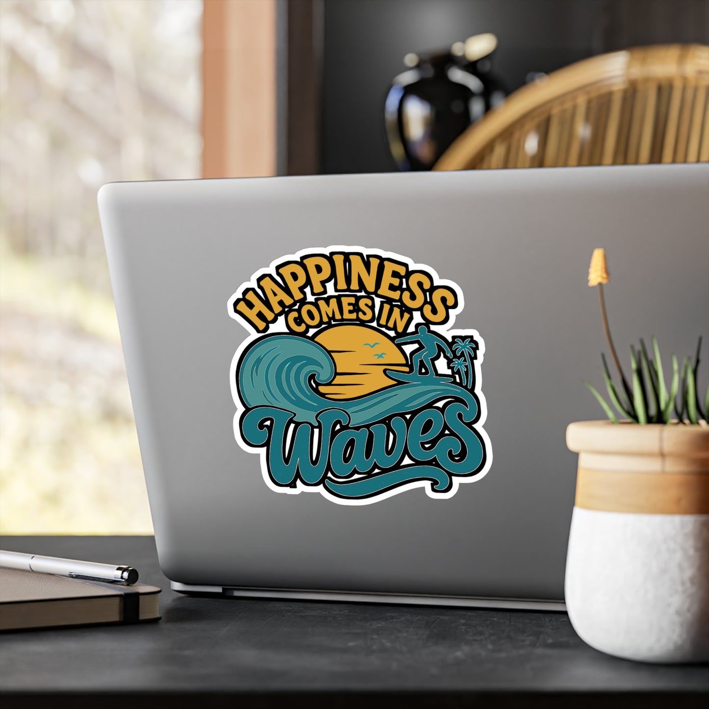 Happiness Comes In Waves - Surfing Sticker for Laptop, Water Bottle - Beach Lovers Gift, Surfer Girls & Boys
