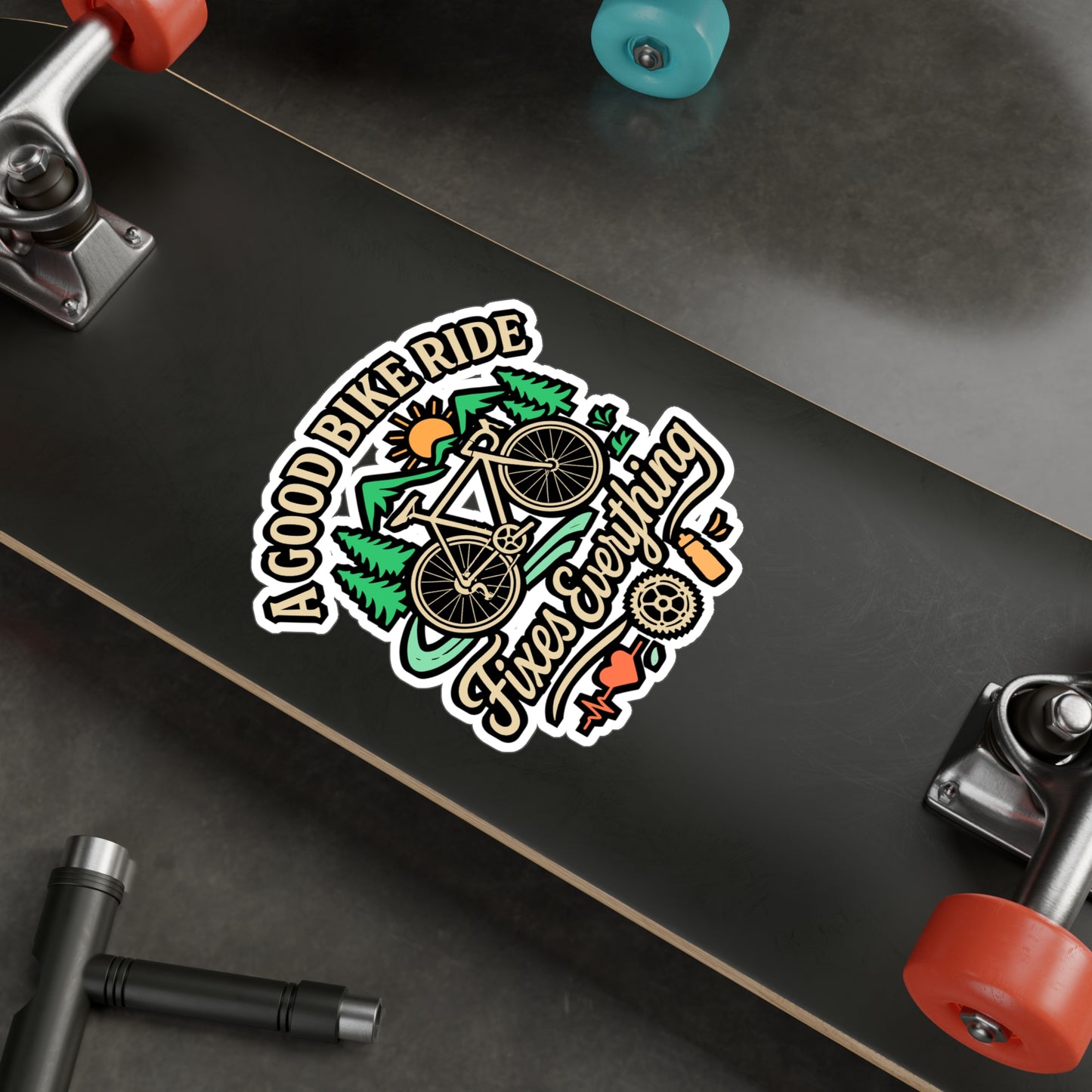 A Good Bike Ride Fixes Everything – Cycling Sticker for Laptop or Water Bottle | Vinyl Downhill Decal, Biker Gift, Mountain Bike Accessory