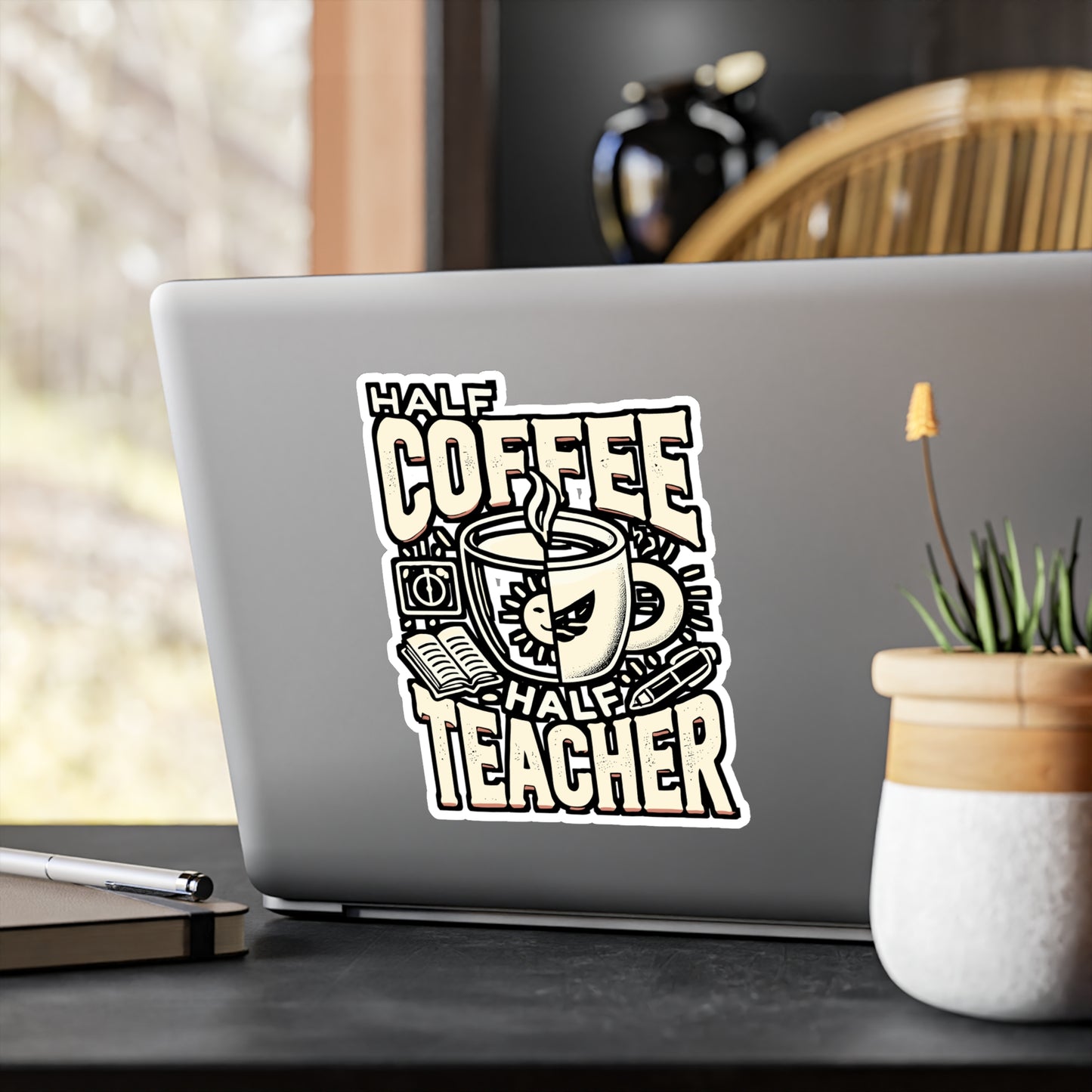 Half Coffee Half Teacher – Vinyl Sticker for Laptop & Water Bottle | Funny Teacher Gift, Coffee Lover Decal