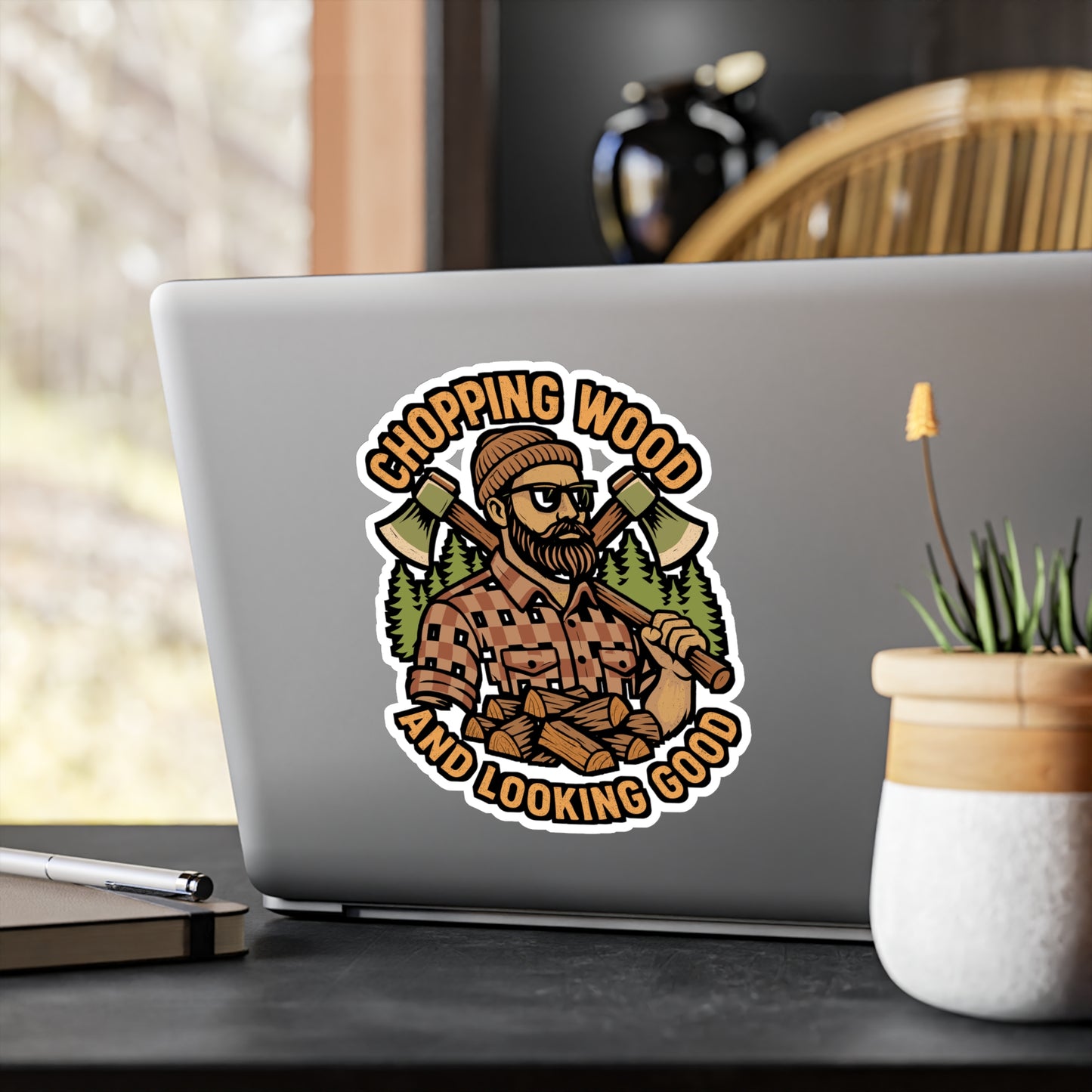 Chopping Wood and Looking Good – Vinyl Sticker for Laptop or Water Bottle | Funny Lumberjack, Tree Climber, Arborist Gift