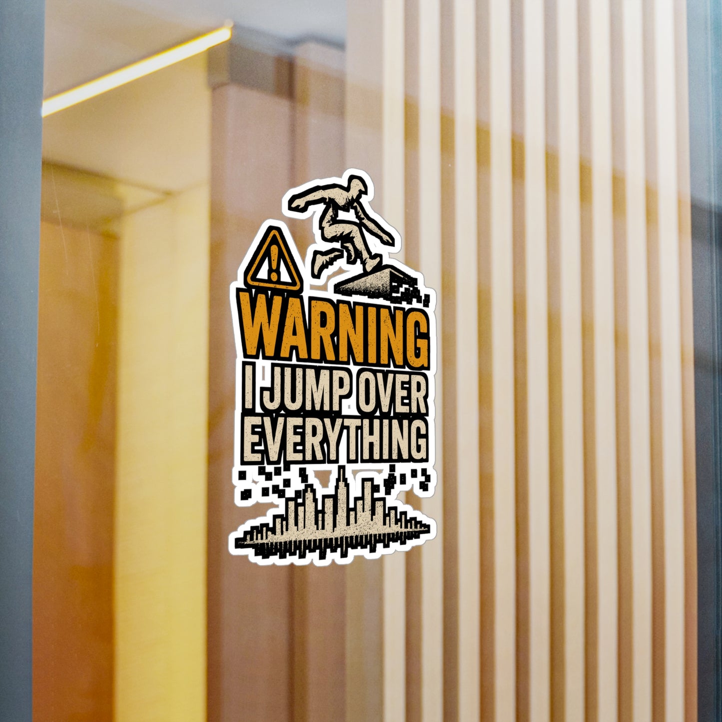 Warning I Jump Over Everything – Parkour Sticker for Laptop, Water Bottle, and Skateboard | Vinyl Freerunning Decal – Urban Sport Gift