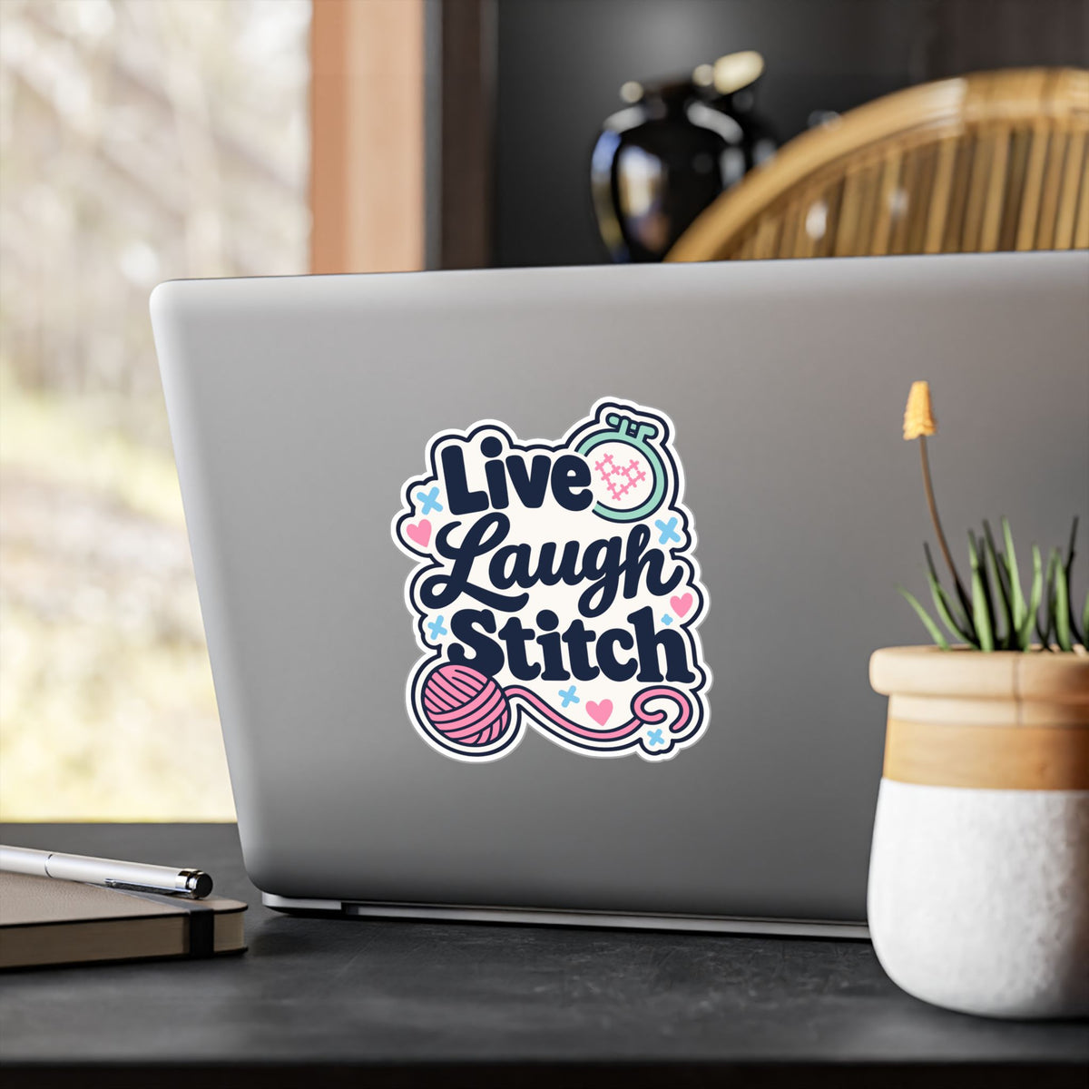 Embroidery Sticker – Live Laugh Stitch Design for Needlework and Crafting Fans, Stitching Decals for Laptop or Water Bottle