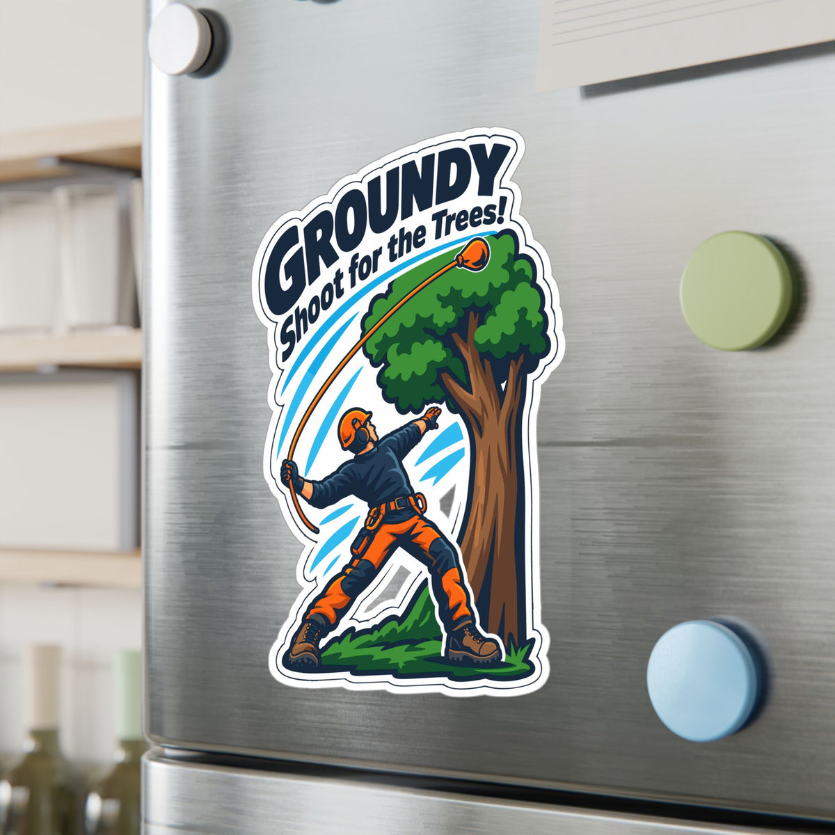 Tree Sticker – Groundy Shoot for the Trees! Funny Tree Worker and Branch Manager Decals for Laptop or Water Bottle