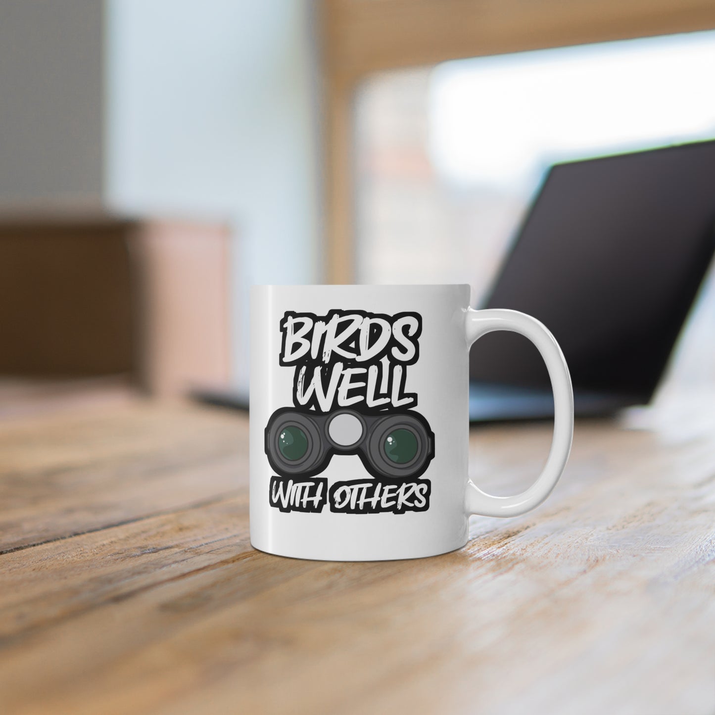 Birds Well With Others Birdwatching - Birdwatcher Mug for Coffee 11oz. Birdwatcher Cup, White ceramic, Binocular Mug - Birdwatcher Gift