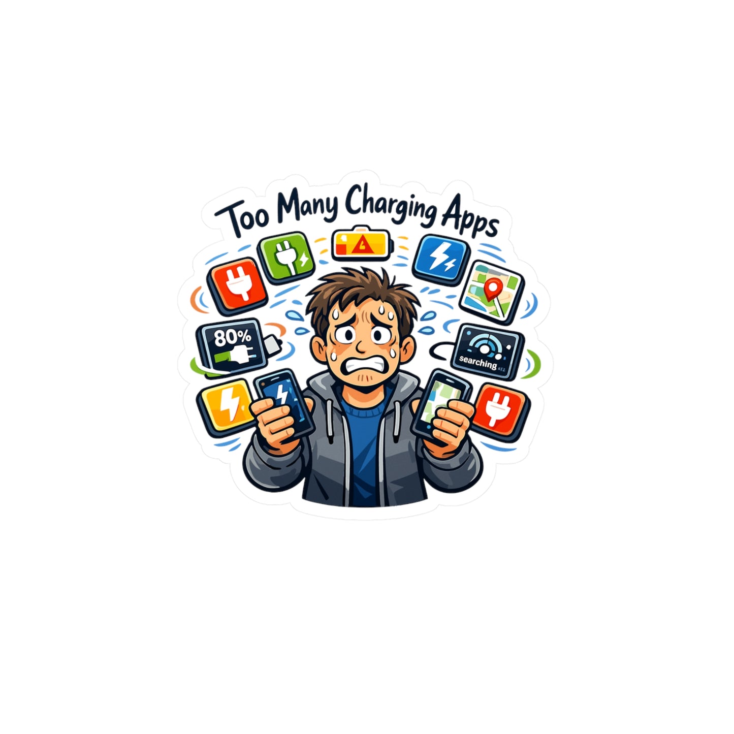 Electric Car Sticker "Too Many Charging Apps" Funny Electric Vehicle Vinyl Waterproof Stickers & Decals for Laptop, Water Bottle Rechargeable Battery