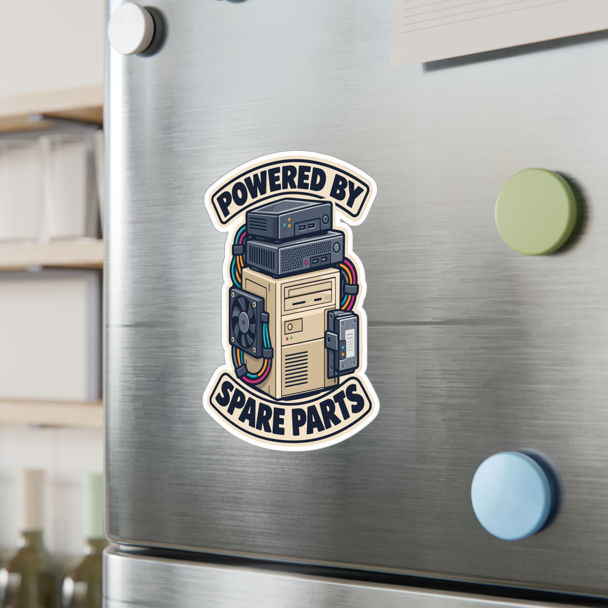 Tech Sticker Powered By Spare Parts – Reboot Button and Bandage Design Decals for Laptop or Water Bottle