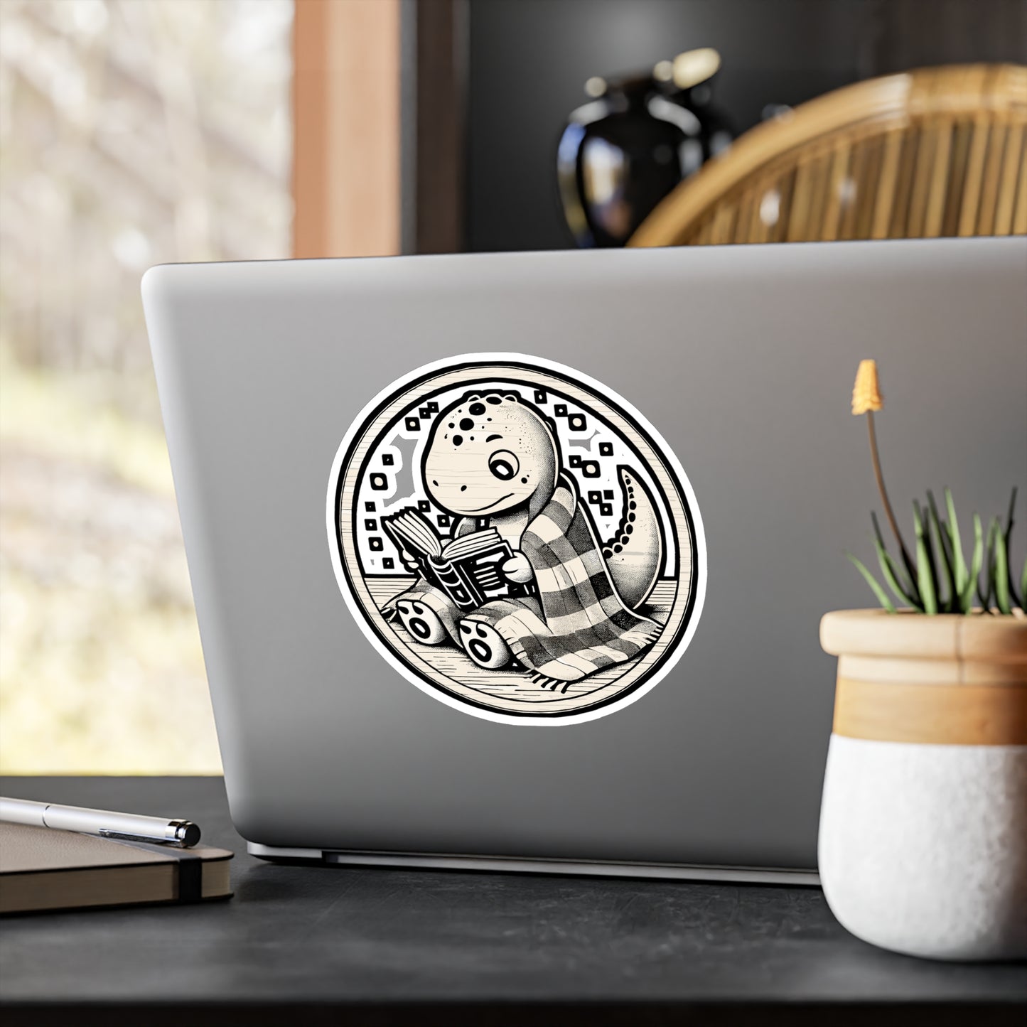 Cozy Reading Dinosaur – Sticker for Laptop, Water Bottle & Book Lover Gifts