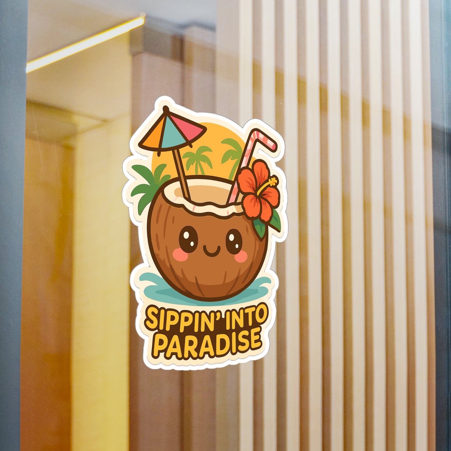 Tropical Sticker – Sippin Into Paradise Decals, Coconut Beach Vacation Vinyl, Waterproof Decor for Laptop, Water Bottle