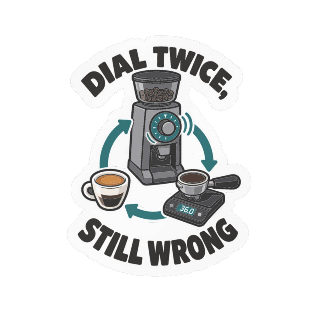 Espresso Sticker – Dial Twice, Still Wrong – Coffee Humor Decals for Your Grinder or Digital Scale