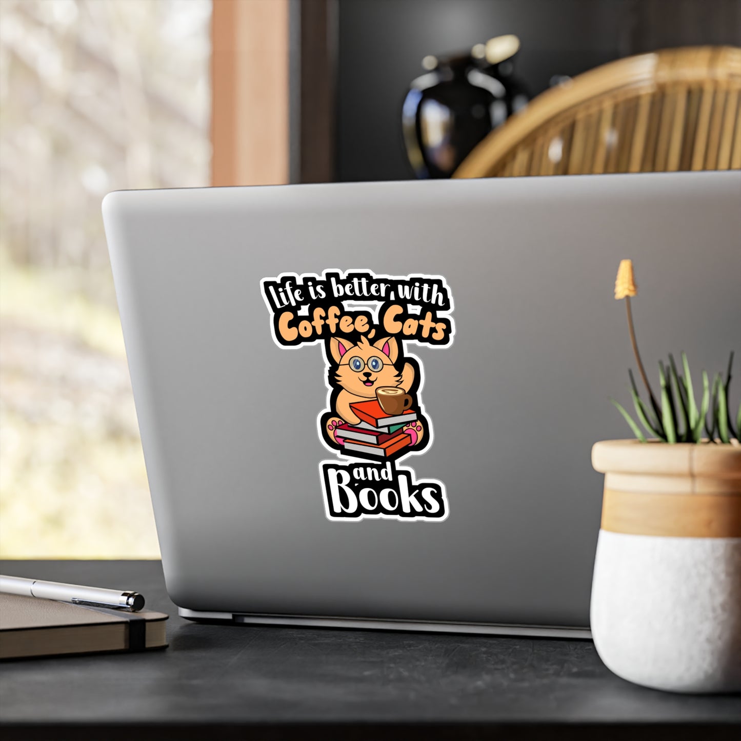 Coffee Cats Books - Coffee Sticker for Wall, Laptop, Window, Truck, Car Coffee Gift Vinyl Cats Decal Sticker