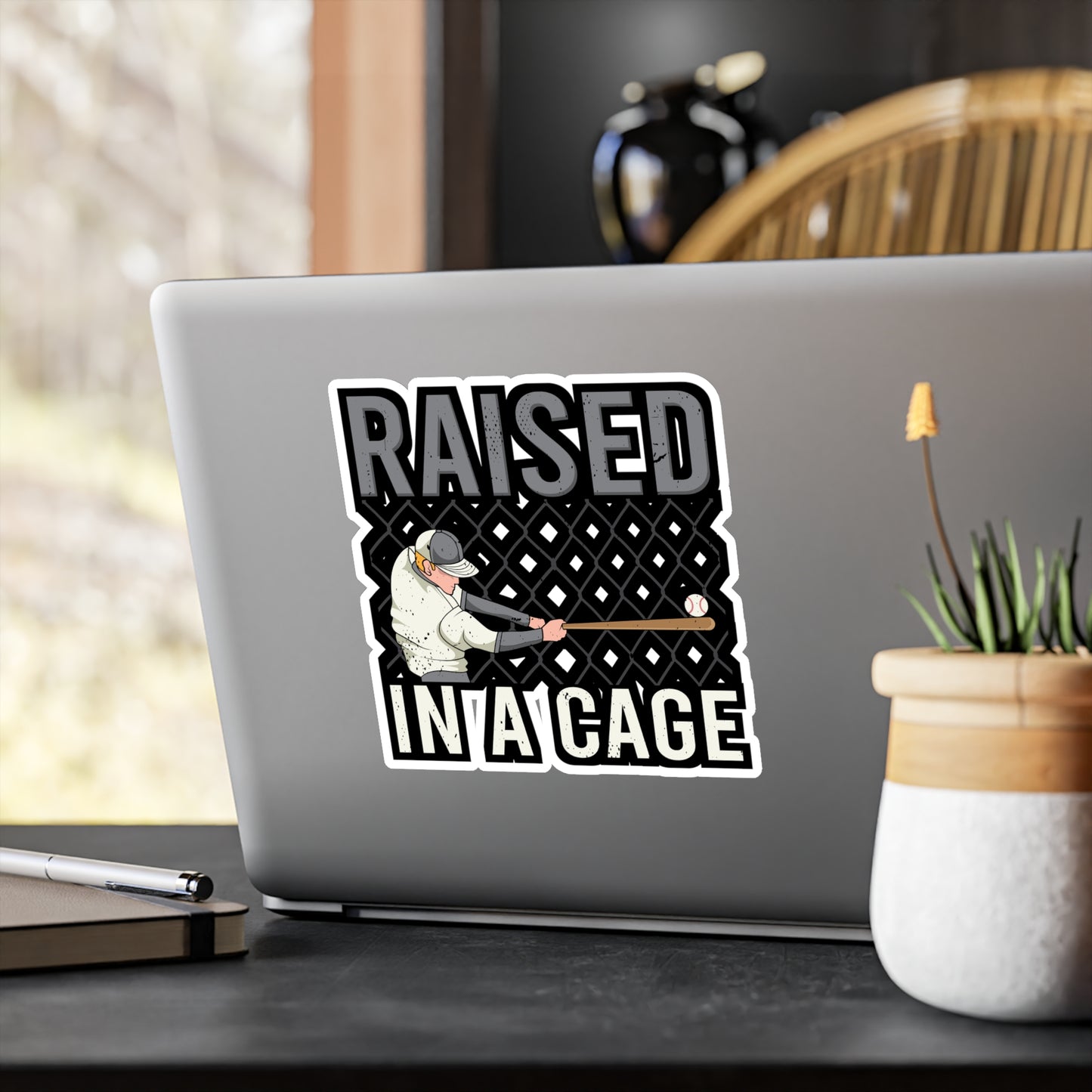 Raised In a Cage Baseball - Baseball Sticker for Laptop Sticker. Water Bottle Sticker, Vinyl Softball Decal - Baseball Gift