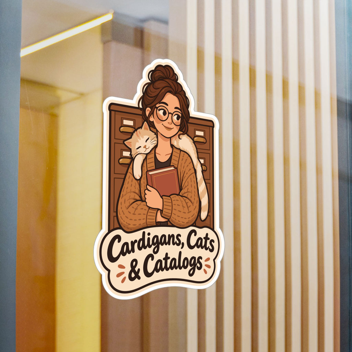 Librarian Sticker - Cardigans, Cats & Catalogs - Fabulous Book Lover Decals for Laptop or Water Bottle