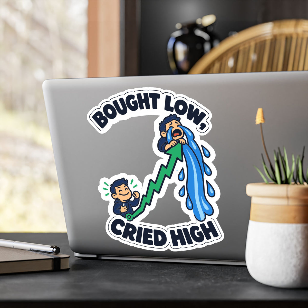 Day Trading Sticker – Bought Low, Cried High – Funny Decals for the Stock Market and Forex Trader, Laptop or Water Bottle