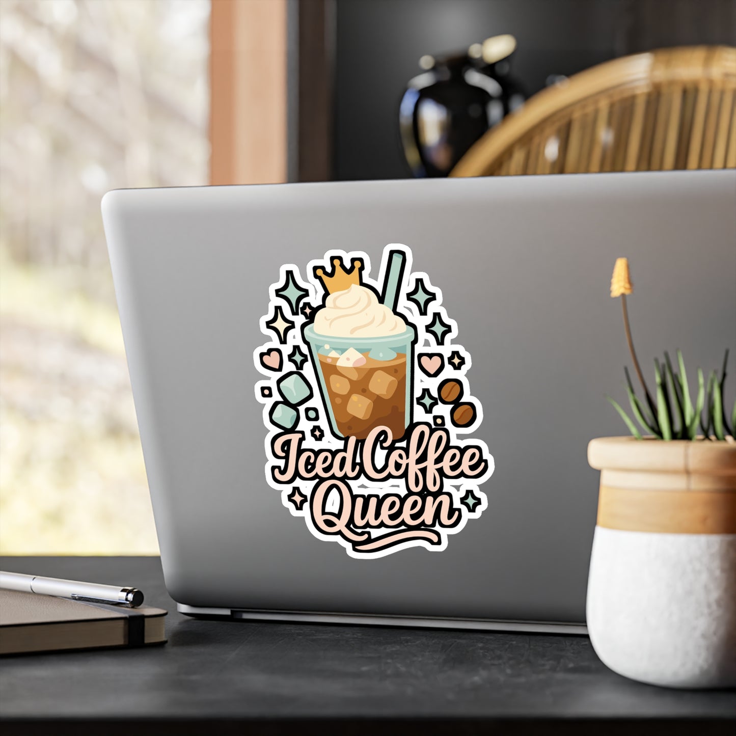 Iced Coffee Sticker – "Iced Coffee Queen" Decals for Laptop or Water Bottle, Cute Caffeine Vinyl Sticker, Coffee Lover Gift, Waterproof, Queen Design