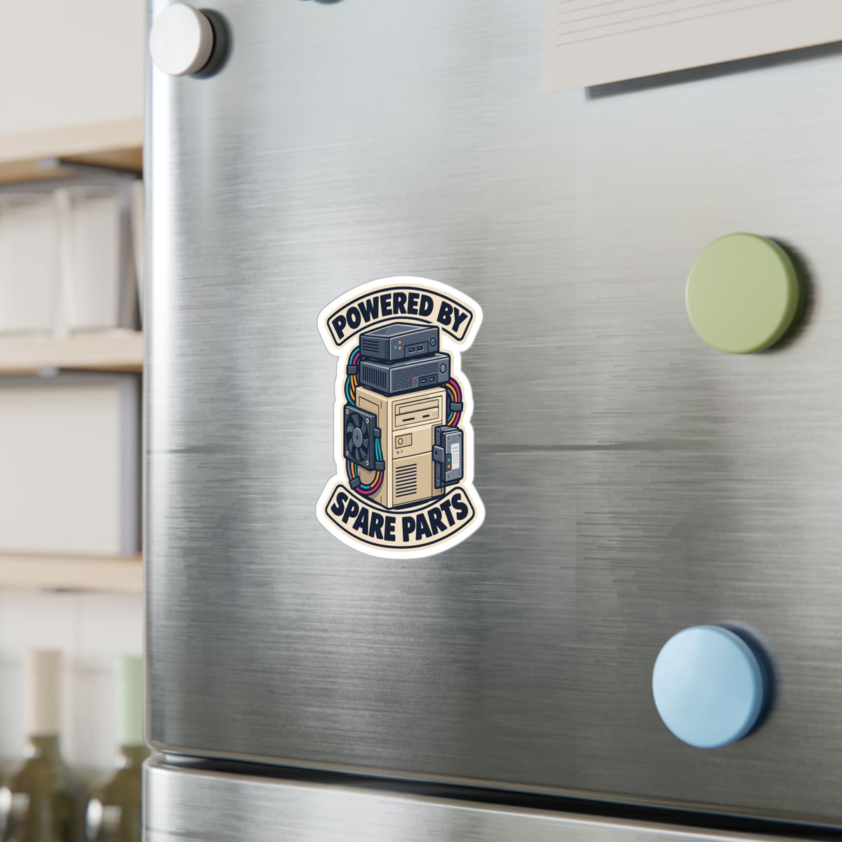 Tech Sticker Powered By Spare Parts – Reboot Button and Bandage Design Decals for Laptop or Water Bottle