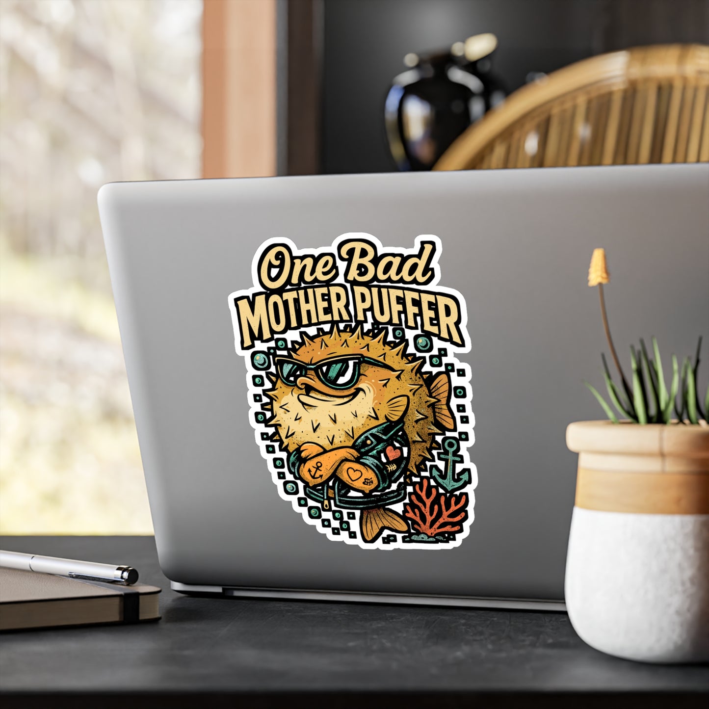 One Bad Mother Puffer – Funny Pufferfish Sticker for Laptop or Water Bottle | Vinyl Underwater Decal, Ocean Lover Gift